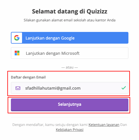email untuk mendaftar di aplikasi quizizz